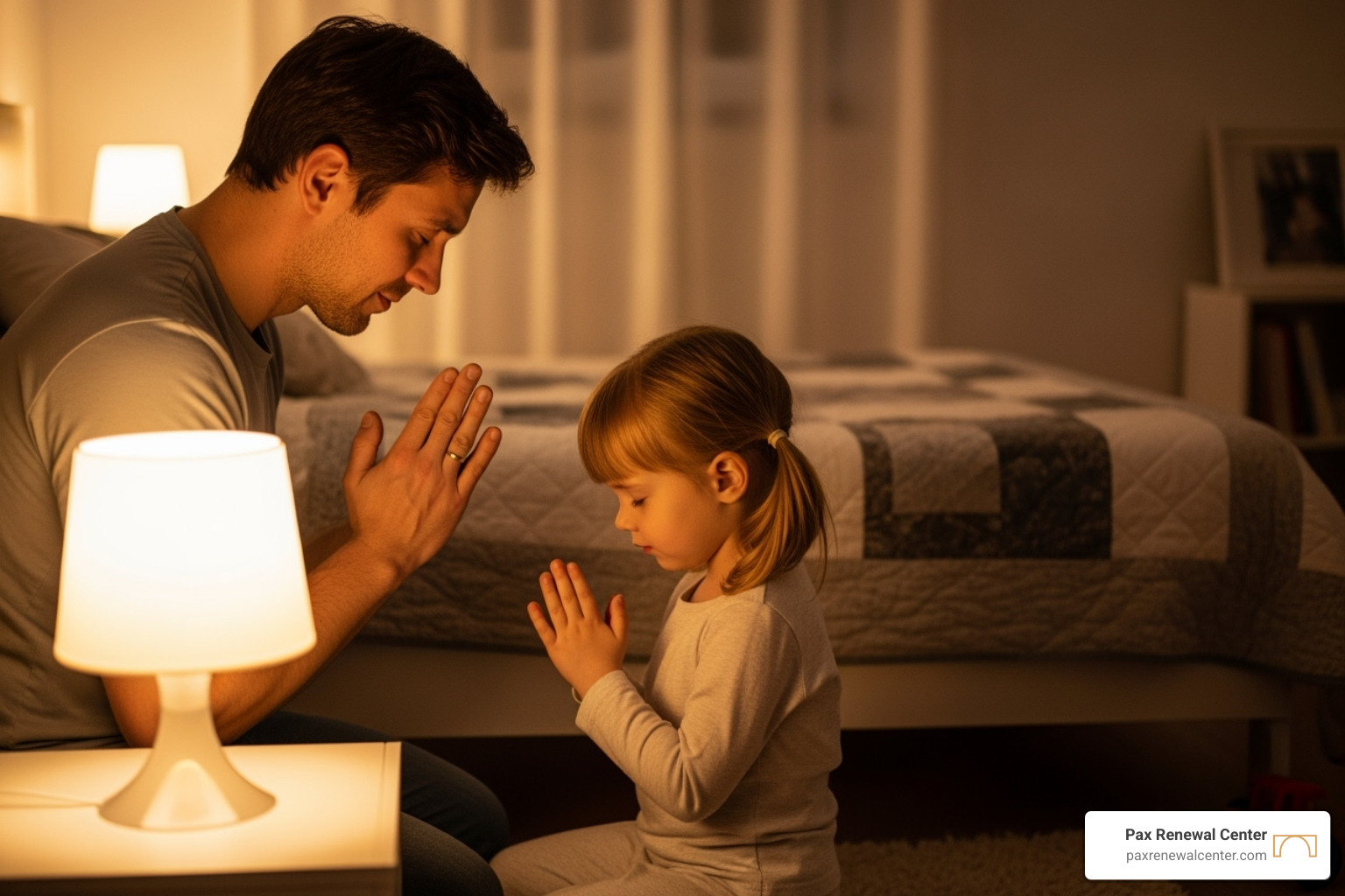 A father and daughter praying together at bedtime, with warm, soft light. - Christian parenting support