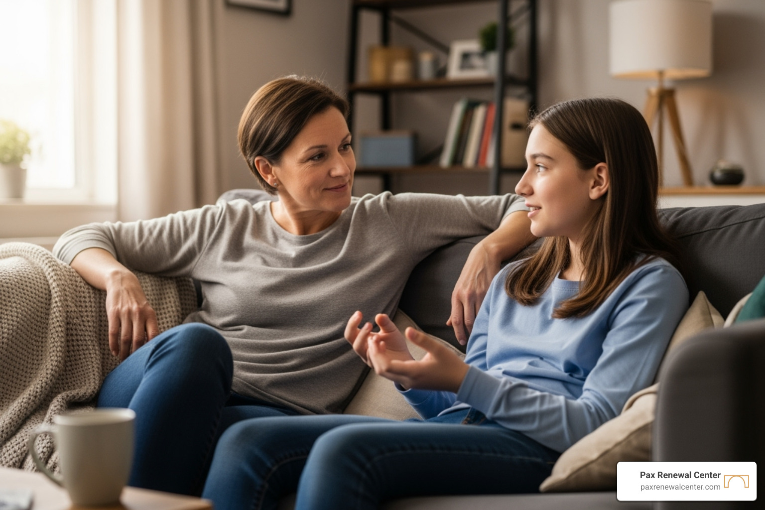 A parent and teen talking calmly on a sofa, demonstrating open communication. - Christian parenting support