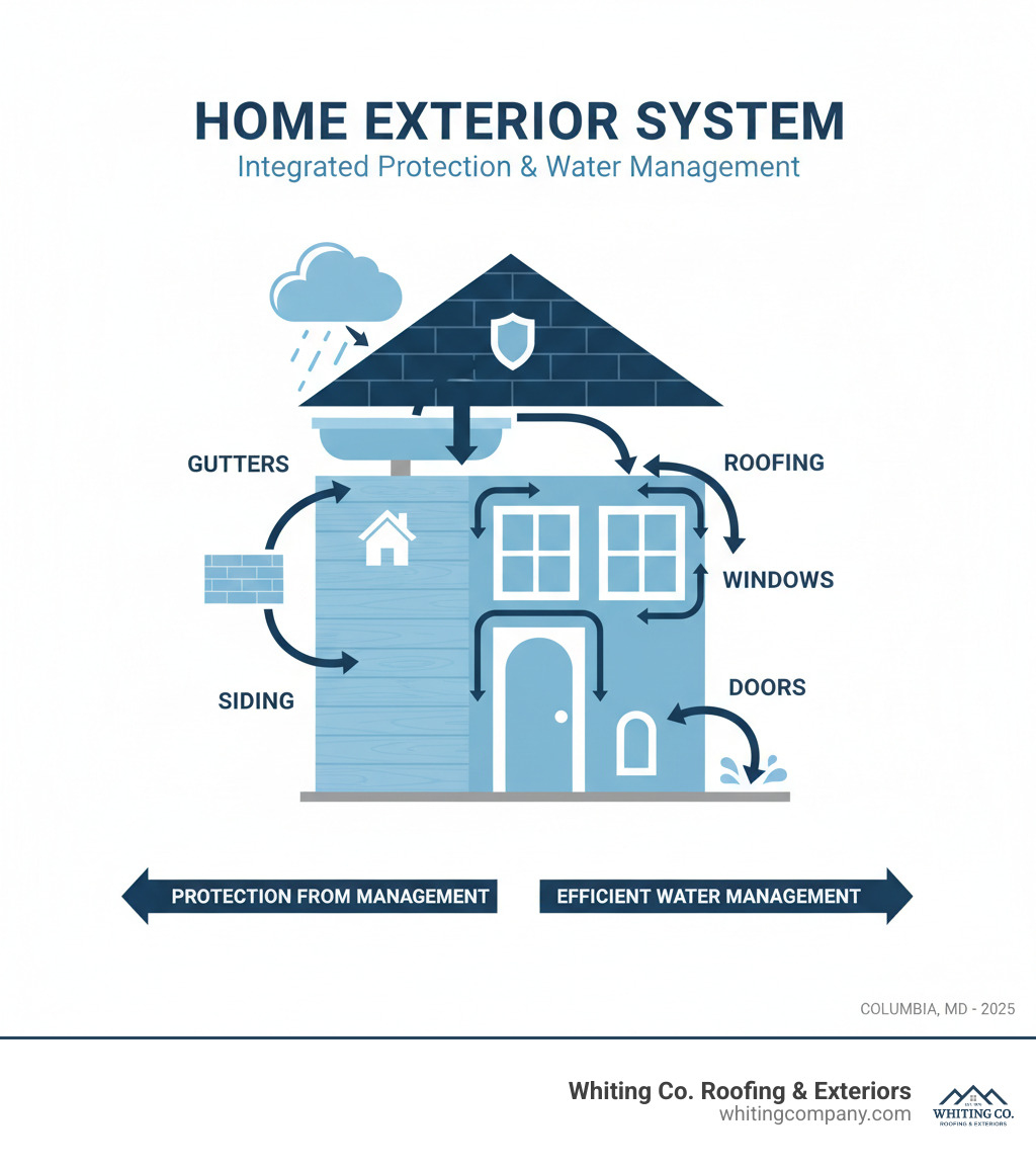 Infographic illustrating the integrated home exterior system: roofing, siding, gutters, windows, and doors, with arrows showing how water is managed and protection is provided. - siding Columbia MD infographic 