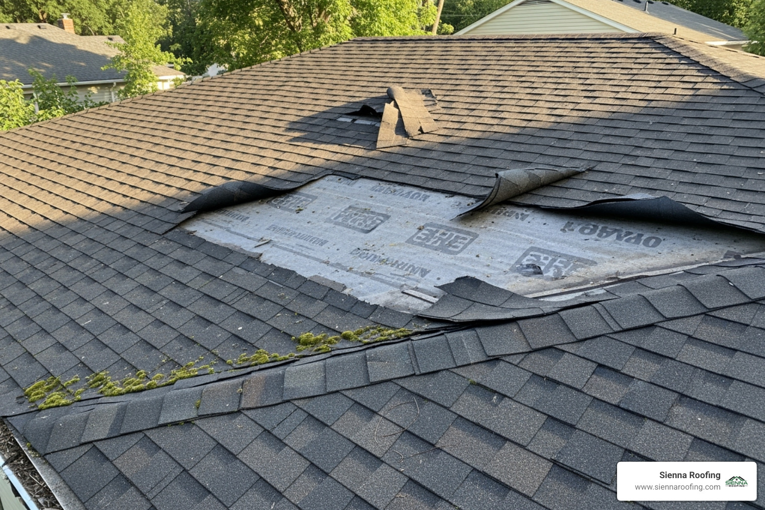 curling and missing asphalt shingles on a suburban roof - roof replacement Richmond TX curling and missing asphalt shingles on a suburban roof - roof replacement Richmond TX