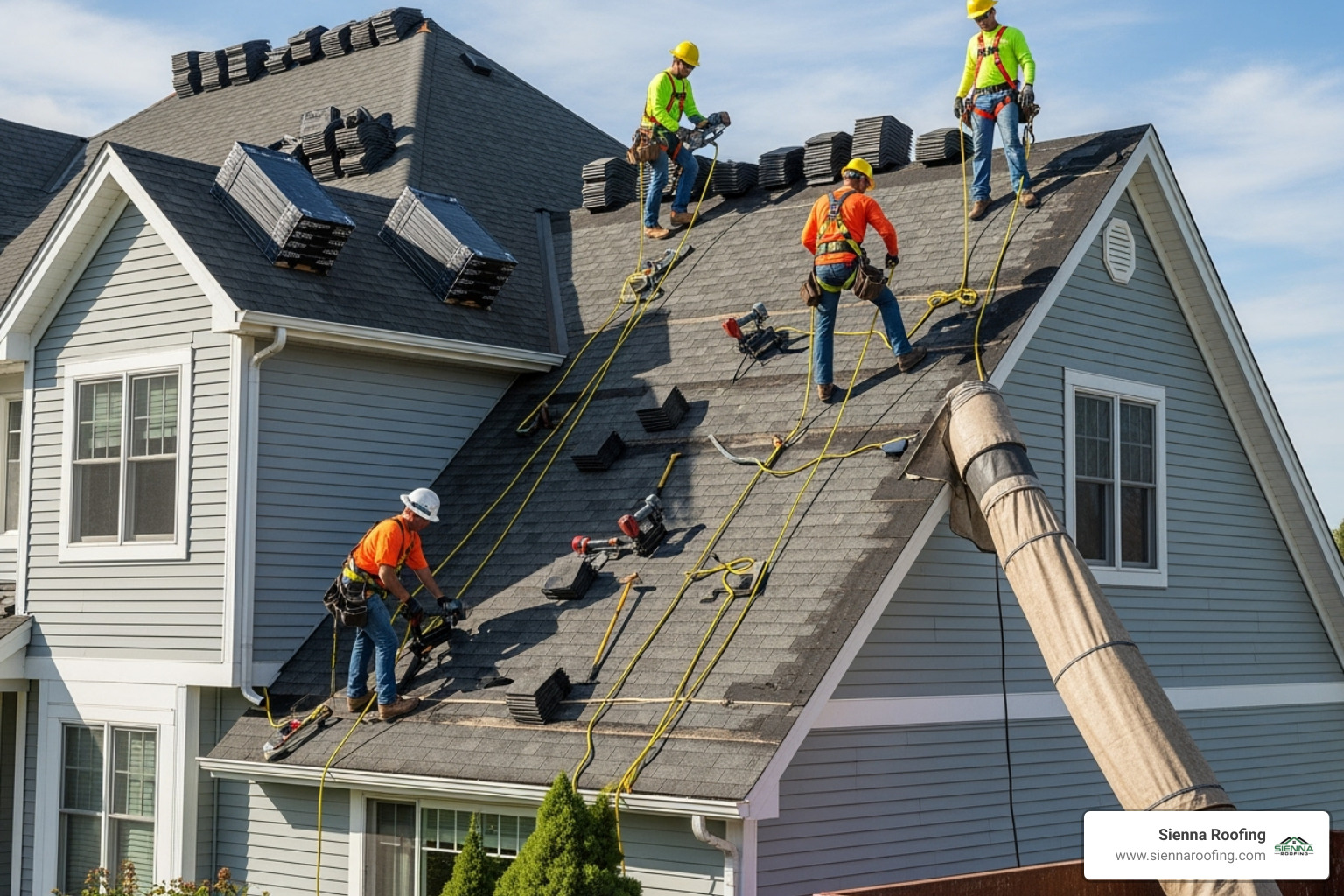 professional roofing crew safely working on a residential roof - roof replacement Richmond TX professional roofing crew safely working on a residential roof - roof replacement Richmond TX