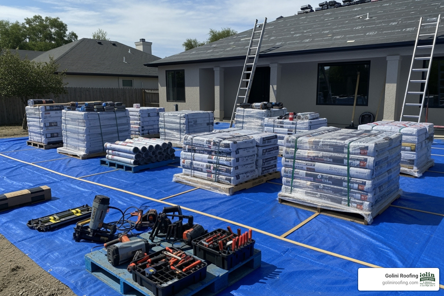 Clean and organized roofing worksite with protective tarps on the ground - massachusetts roofers Clean and organized roofing worksite with protective tarps on the ground - massachusetts roofers