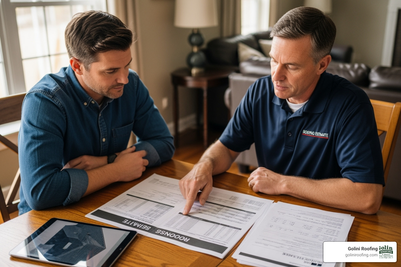 Homeowner reviewing a detailed roofing estimate with a contractor - massachusetts roofers Homeowner reviewing a detailed roofing estimate with a contractor - massachusetts roofers