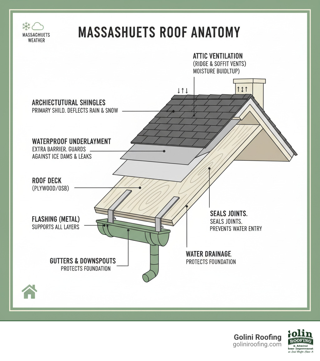 Infographic showing the anatomy of a residential roof system including shingles, underlayment, roof deck, gutters, flashing, and ventilation components with labels for each layer and their protective functions in Massachusetts weather conditions - massachusetts roofers infographic Infographic showing the anatomy of a residential roof system including shingles, underlayment, roof deck, gutters, flashing, and ventilation components with labels for each layer and their protective functions in Massachusetts weather conditions - massachusetts roofers infographic