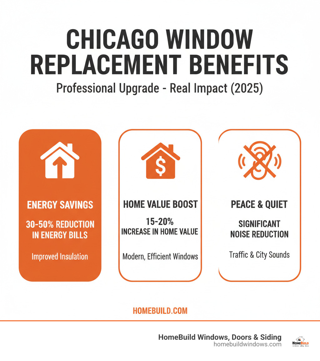 Infographic explaining the top 3 benefits of professional window replacement in Chicago: 30-50% reduction in energy bills through improved insulation, 15-20% increase in home value with modern energy-efficient windows, and significant noise reduction from traffic and city sounds with proper installation and materials - window companies in chicago infographic 