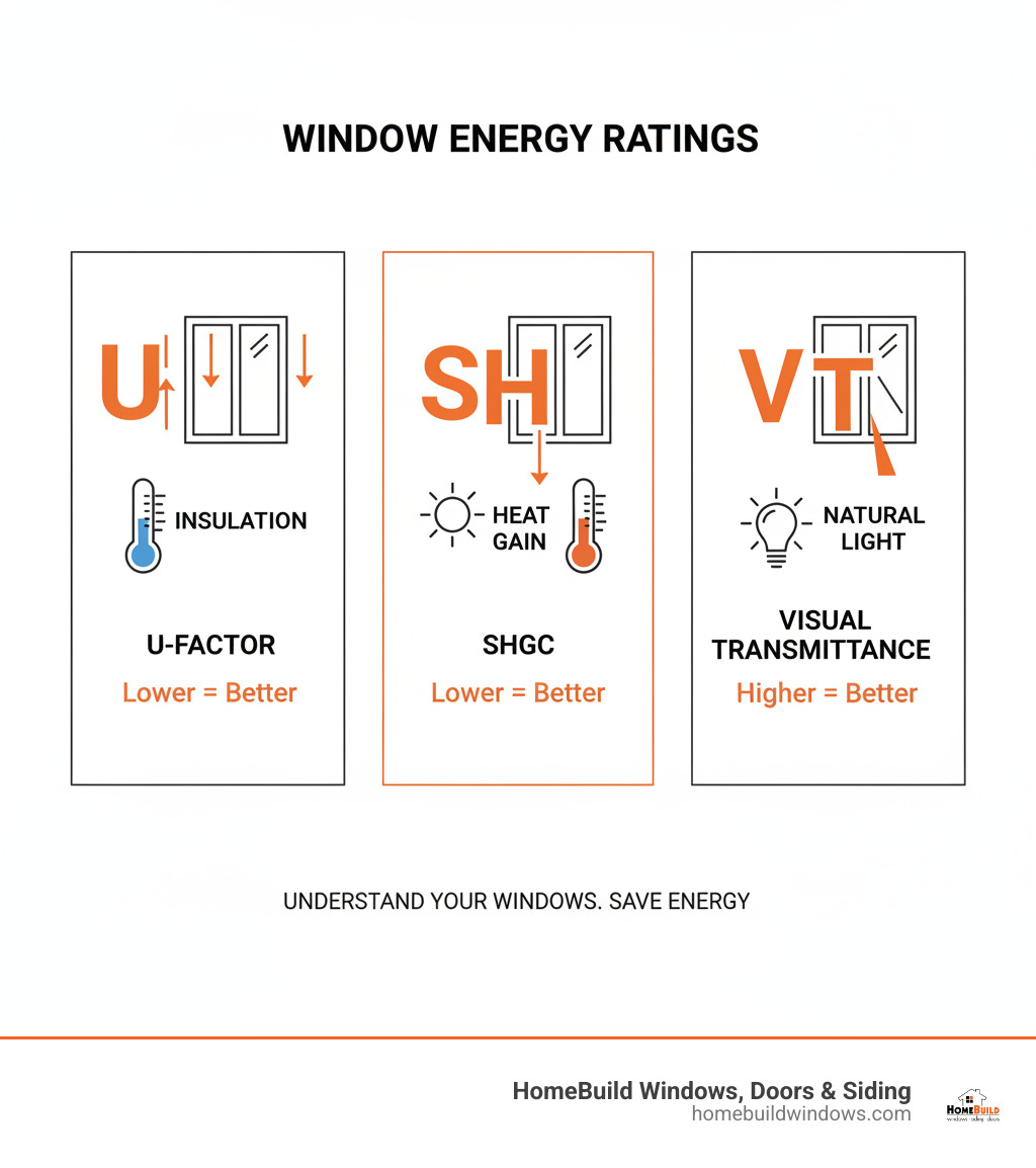 Infographic explaining common energy efficiency ratings like U-Factor and SHGC: U-Factor (lower is better for insulation), SHGC (lower is better for reducing heat gain), and Visual Transmittance (higher is better for natural light) - window companies in chicago infographic 
