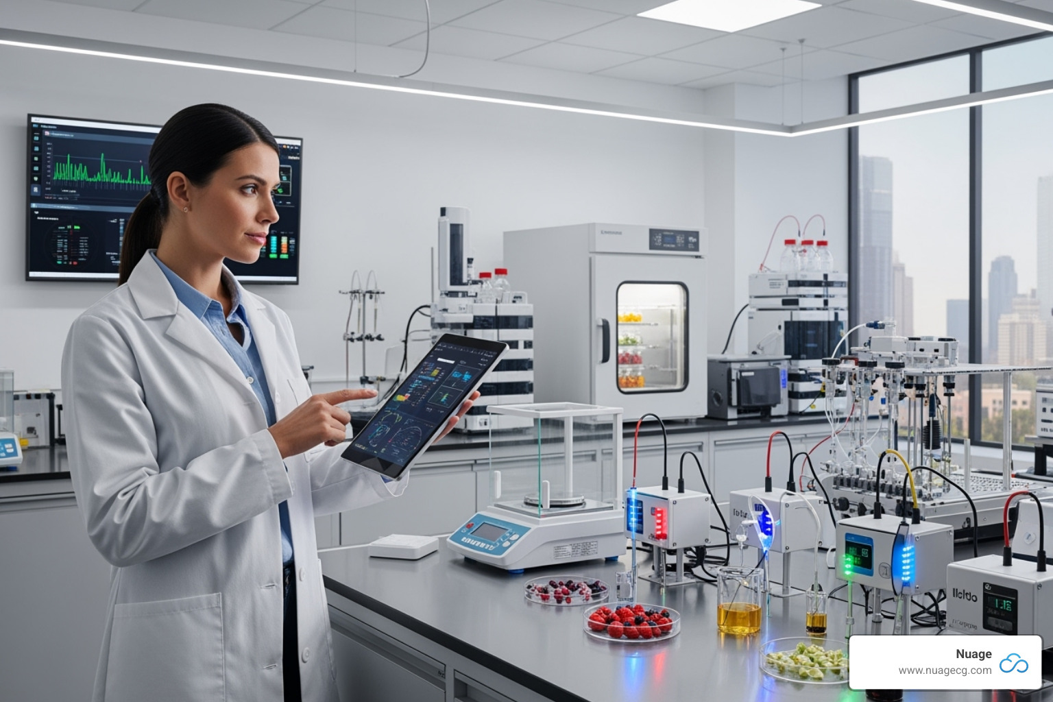 Food scientist using a tablet in a lab with IoT sensors in the background - Digital change food