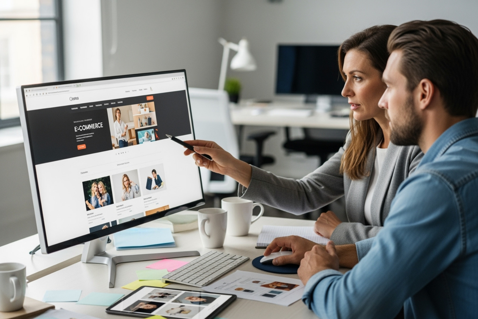 a client and an agency member reviewing a website design on a large monitor - Educational website design company