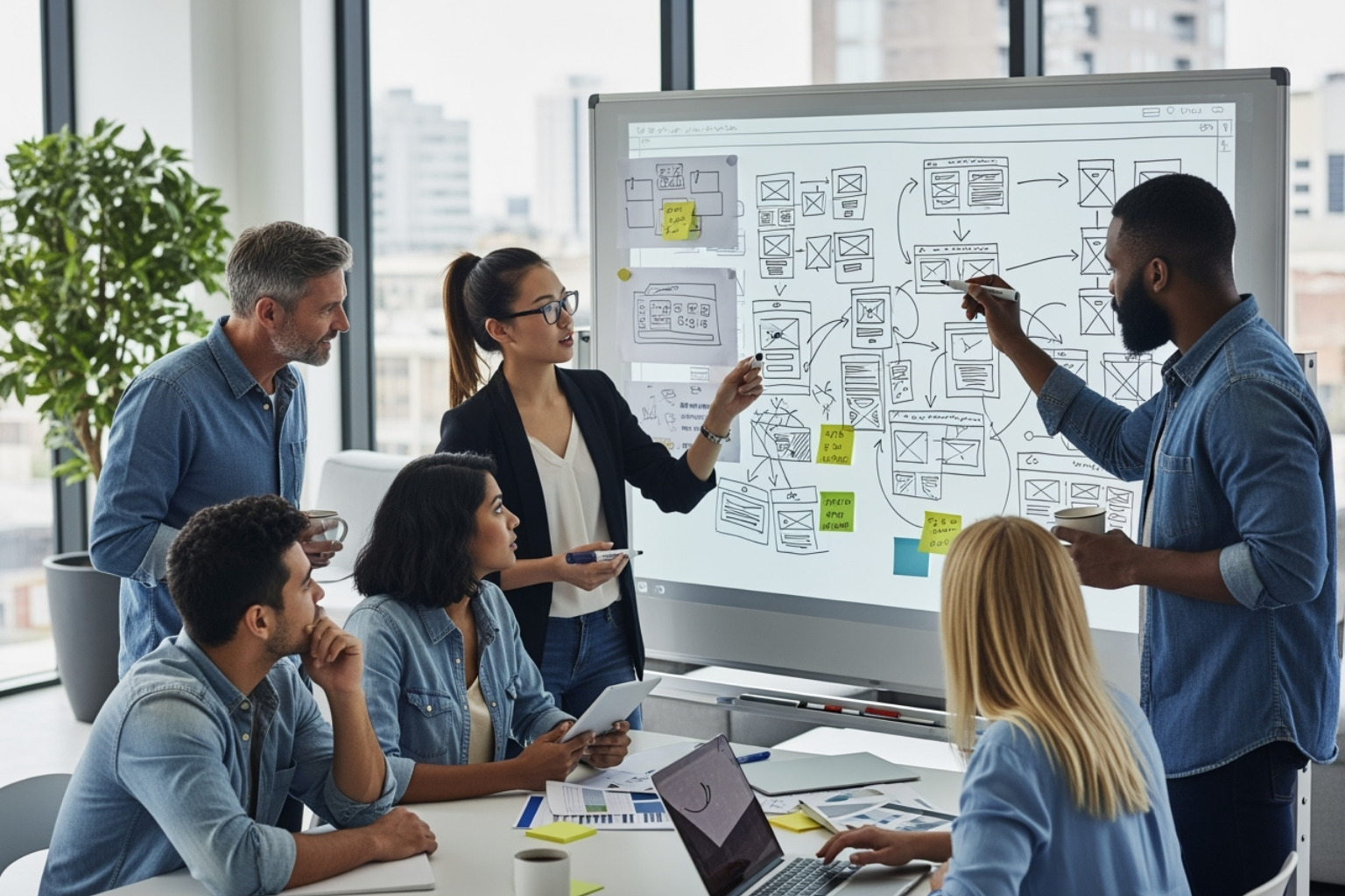 a design team collaborating around a whiteboard with website wireframes - Educational website design company
