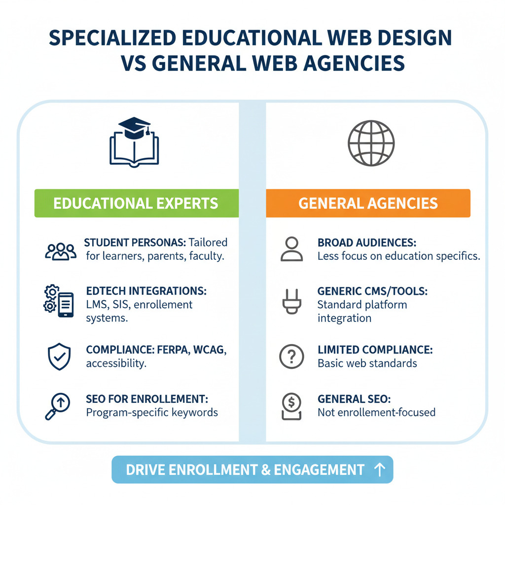 Infographic showing the key differences between specialized educational website design companies and general web agencies, including expertise in student personas, familiarity with educational technology integrations, knowledge of compliance (e.g., FERPA, WCAG), and SEO strategy for enrollment - Educational website design company infographic 