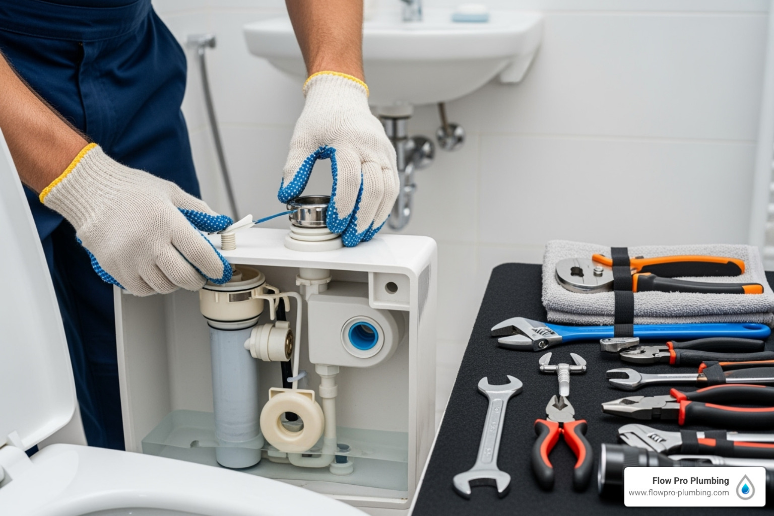 A plumber examining the internal mechanisms of a toilet tank, with tools laid out on a mat. - Bathroom plumbing repair A plumber examining the internal mechanisms of a toilet tank, with tools laid out on a mat. - Bathroom plumbing repair