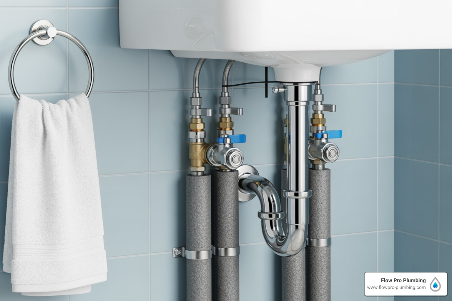 Insulated pipes under a bathroom sink, neatly installed and secured. - Bathroom plumbing repair Insulated pipes under a bathroom sink, neatly installed and secured. - Bathroom plumbing repair