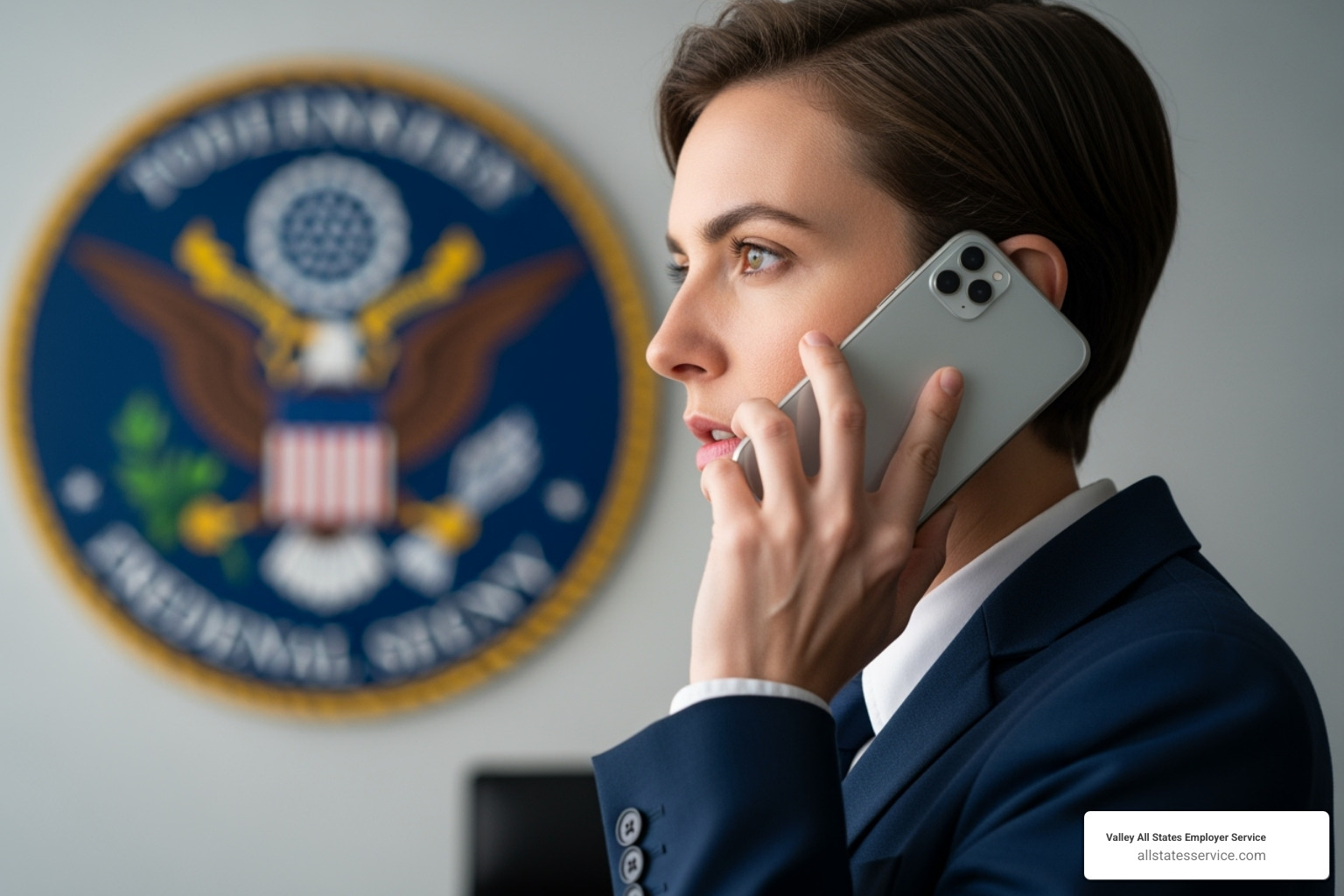 Person on the phone with a government agency seal in the background - E-Verify Tentative Nonconfirmation