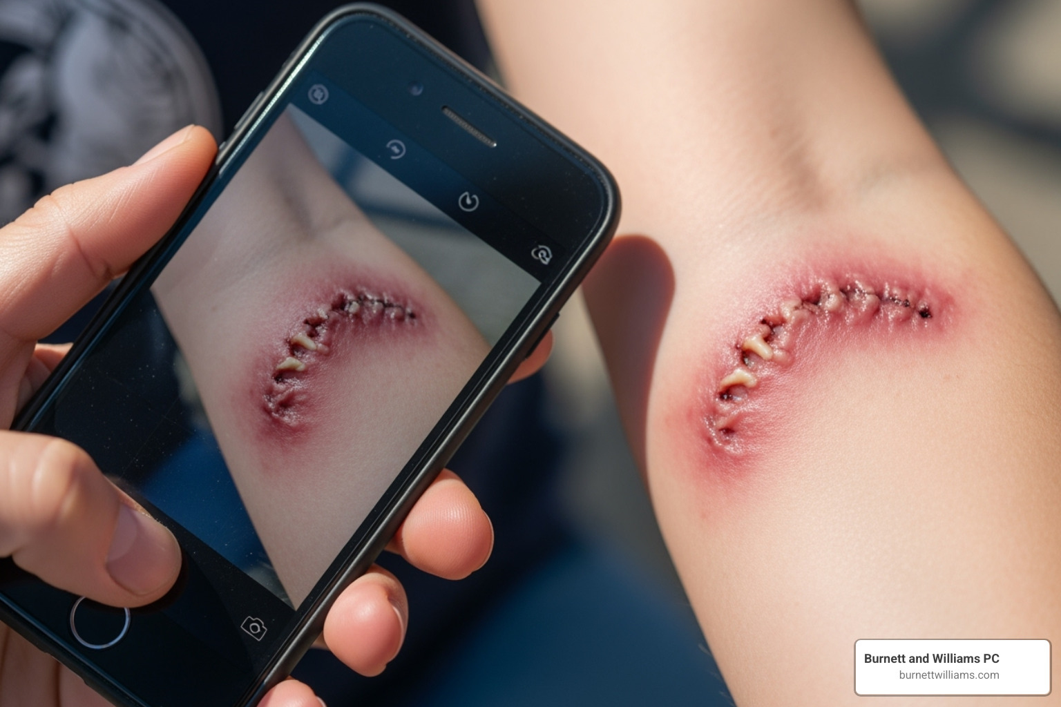 A person using their phone to photograph a bite wound on their arm - dog bite attorney A person using their phone to photograph a bite wound on their arm - dog bite attorney