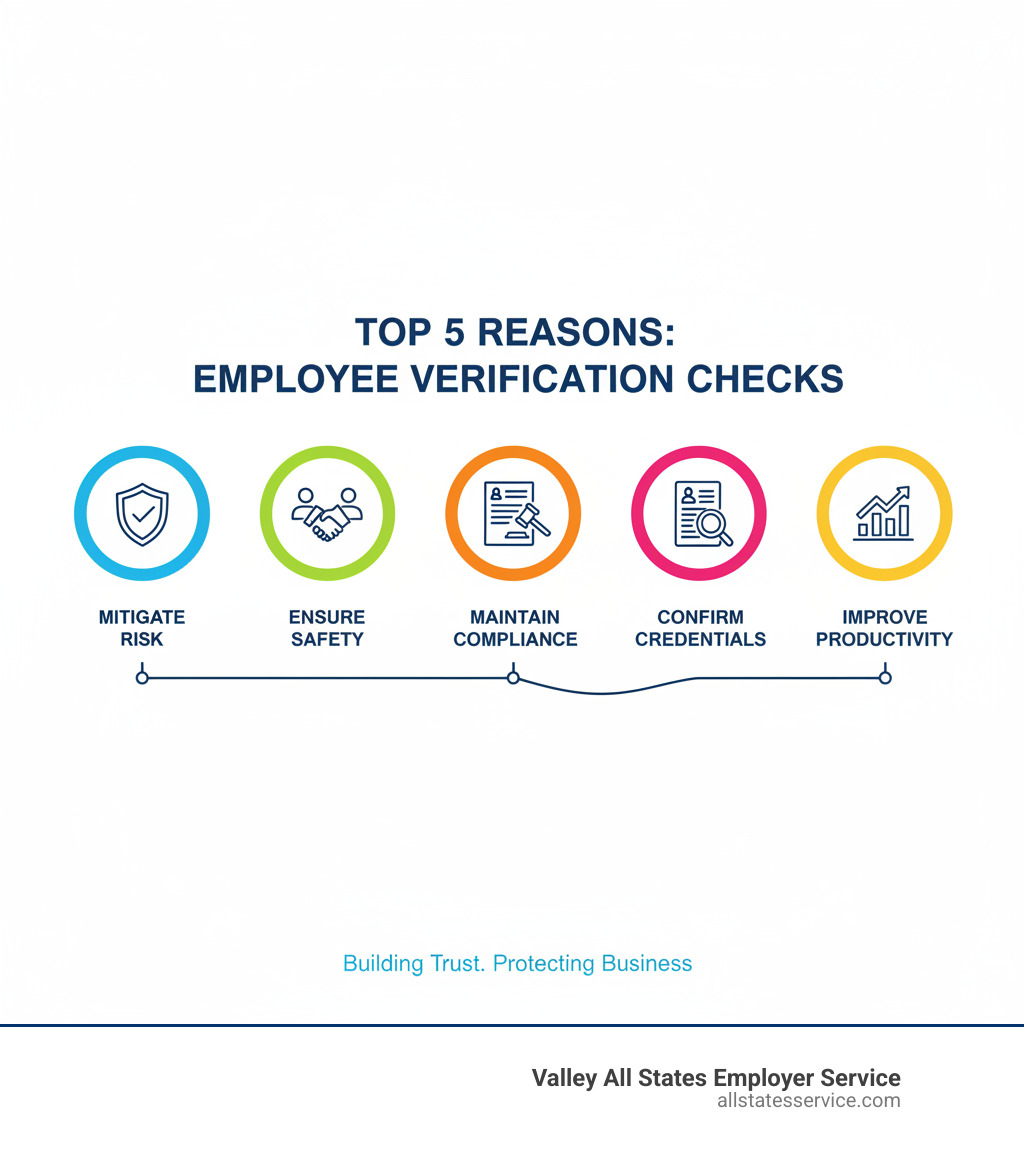 Infographic explaining the top 5 reasons businesses conduct employee verification checks - employee verification service infographic 