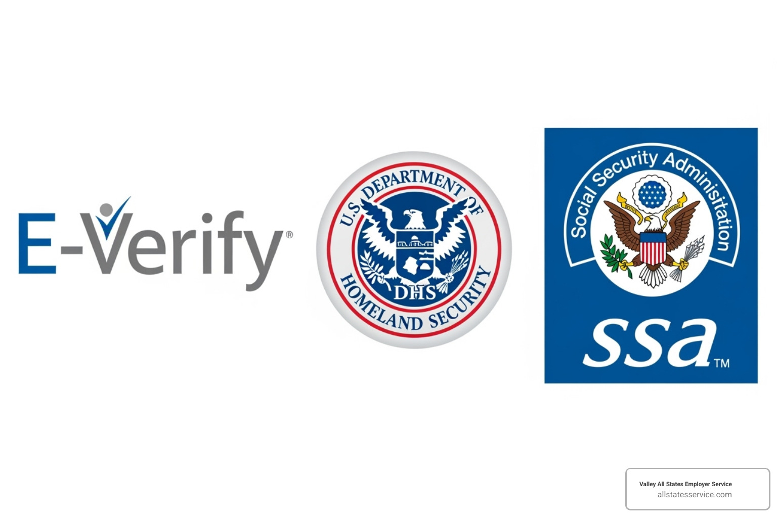 E-Verify logo next to DHS and SSA logos - E-Verify workforce solutions