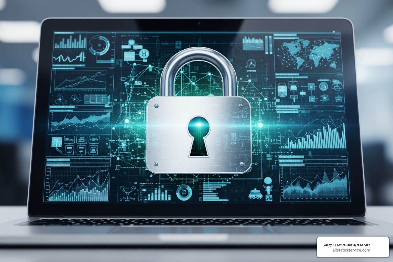 A secure data lock icon overlaid on a computer screen - employee verification service
