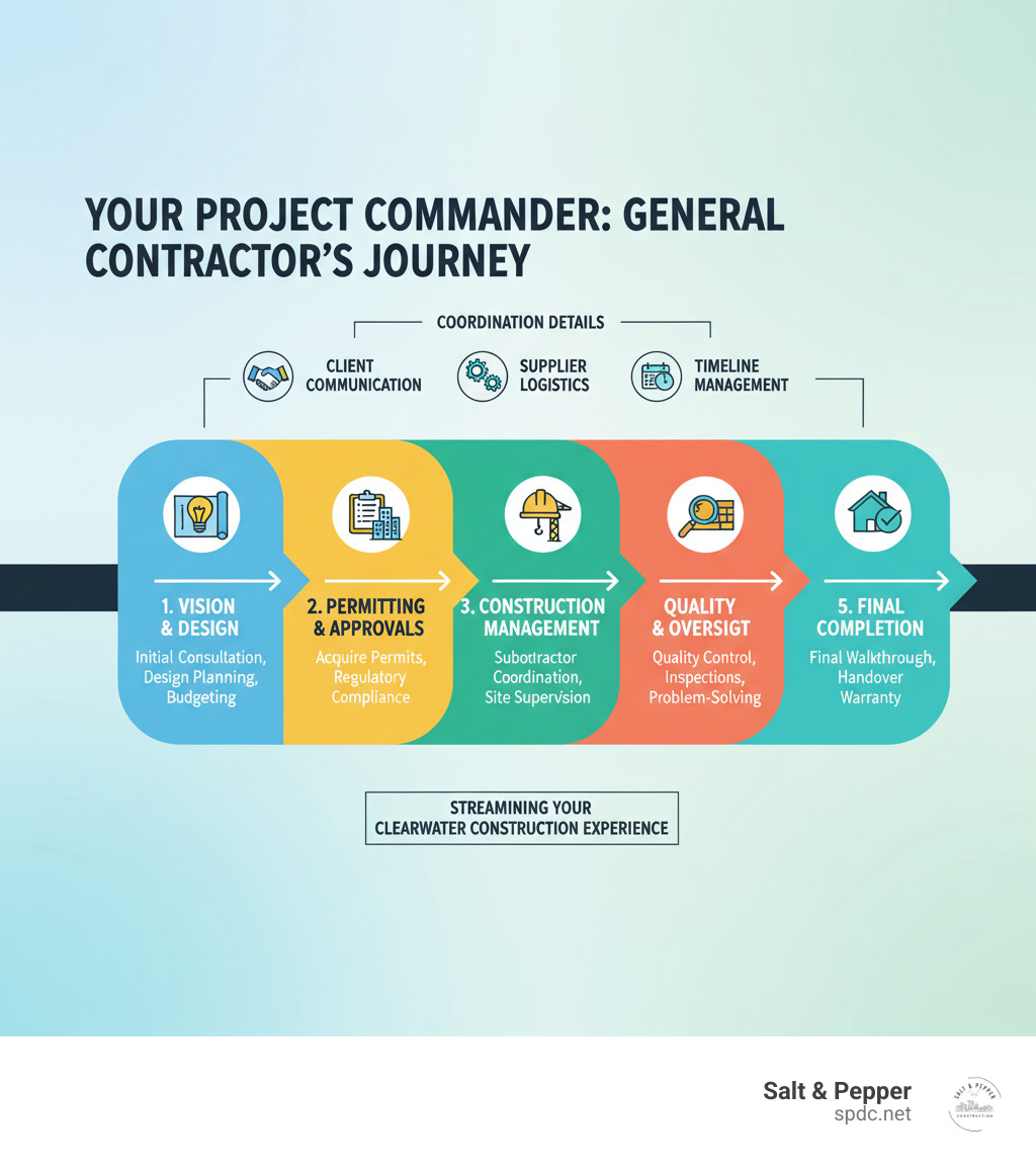 Infographic showing general contractor responsibilities from initial consultation and design planning through permit acquisition, construction management, quality control, and final project completion with timeline and coordination details - general contractor clearwater infographic 