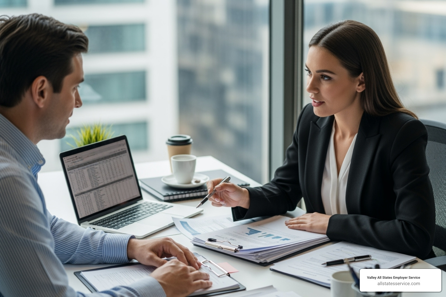 Consultant helping business owner with paperwork - E-Verify workforce solutions