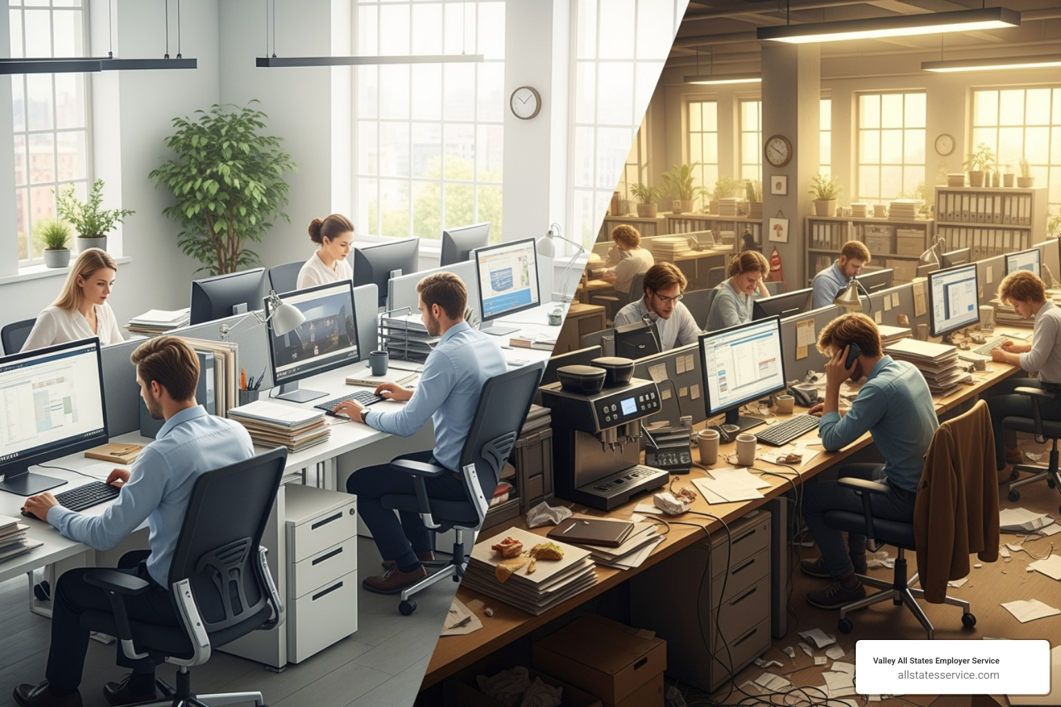 A split screen showing a secure, productive office vs. a chaotic one - employee verification service