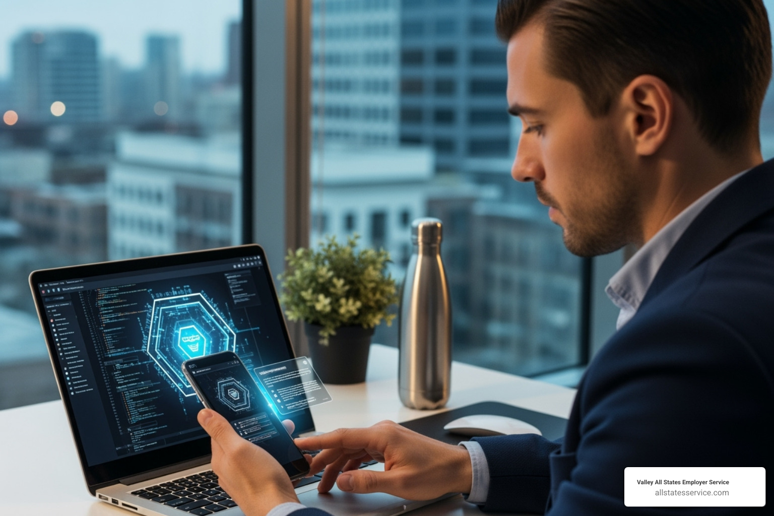 Person using laptop and smartphone to access secure portal - E-Verify workforce solutions