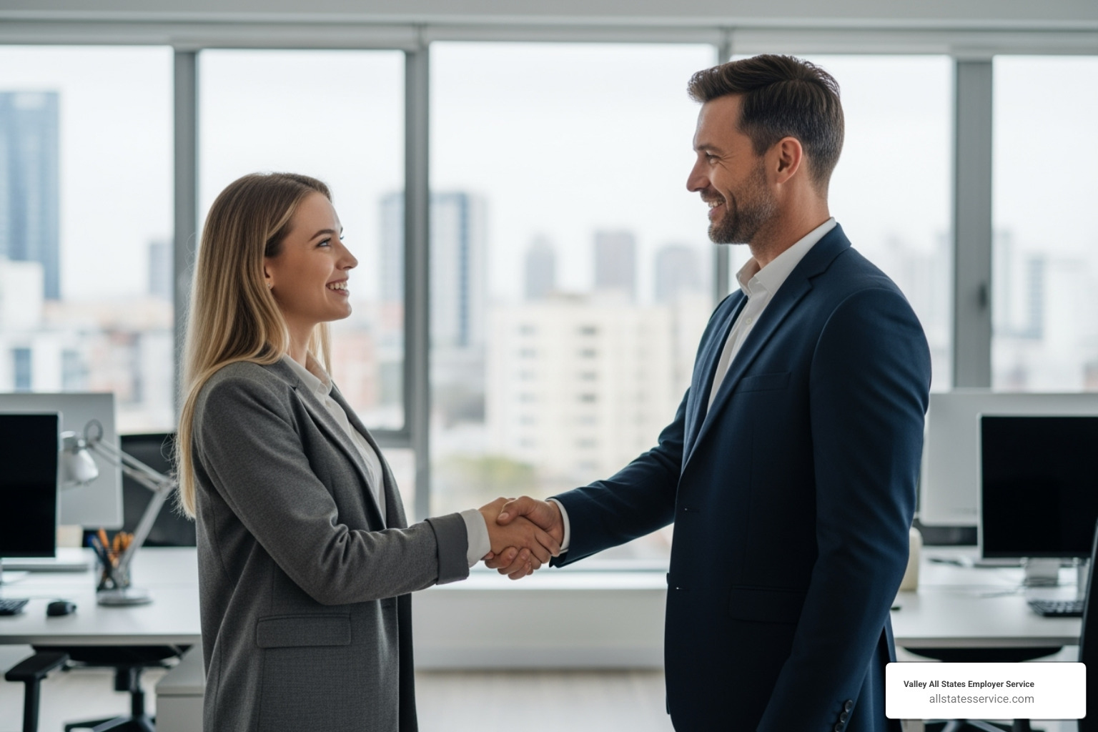 Manager shaking new hire's hand - E-Verify workforce solutions