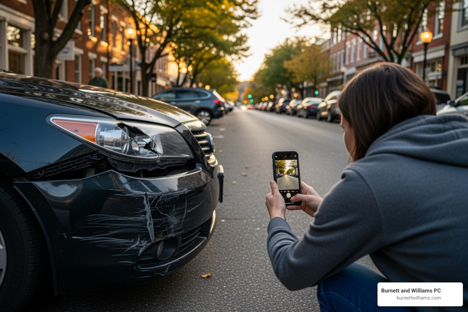 Person taking photos of vehicle damage with their phone on a Culpeper street - culpeper personal injury lawyer Person taking photos of vehicle damage with their phone on a Culpeper street - culpeper personal injury lawyer