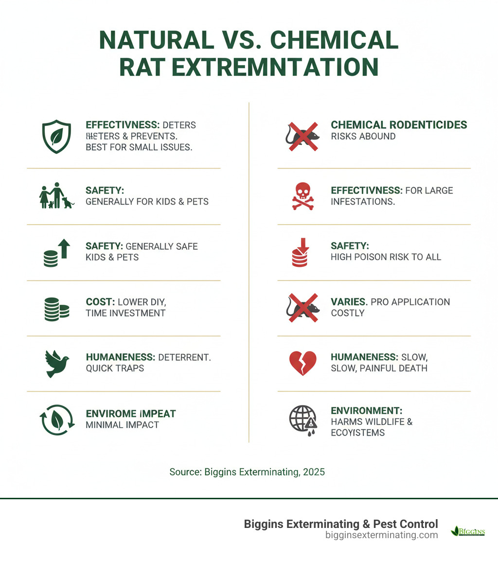 Infographic comparing the effectiveness, safety, cost, humaneness, and environmental impact of natural rat extermination methods versus chemical rodenticides - natural rat extermination infographic 
