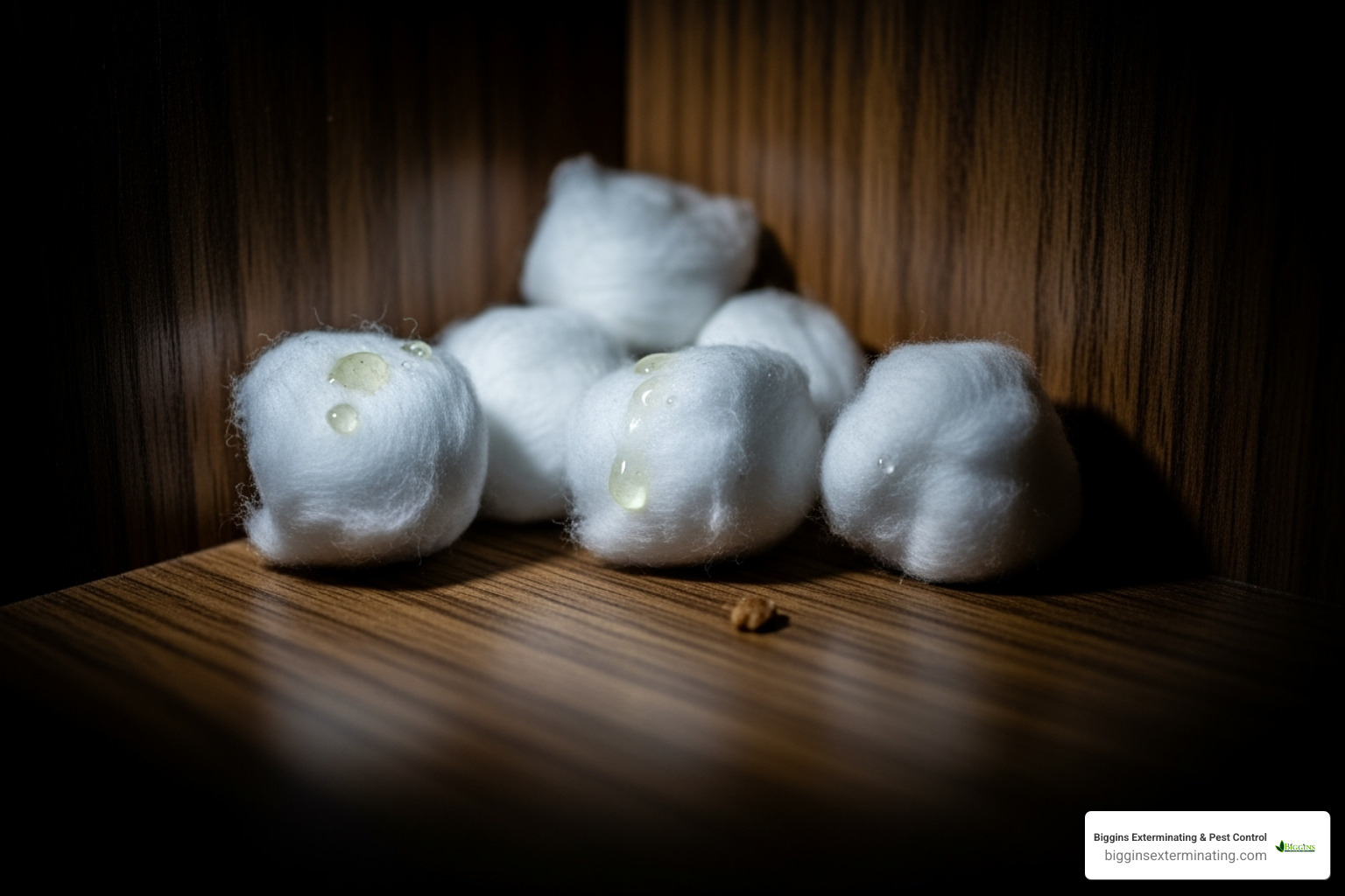 Cotton balls soaked in peppermint oil placed in a cabinet corner - natural rat extermination