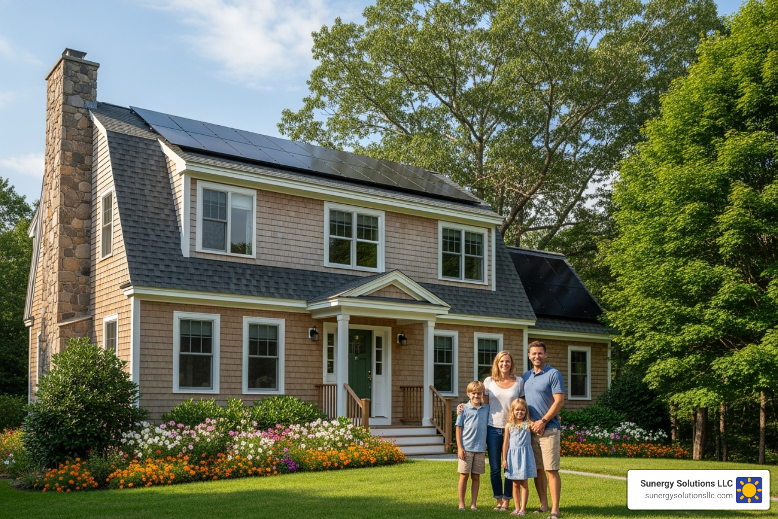 happy family in front of their New Hampshire home with solar panels - how much are solar panels in new hampshire