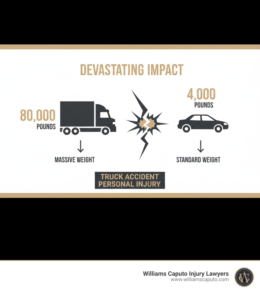 Infographic showing a commercial truck weighing 80,000 pounds compared to a passenger car weighing 4,000 pounds, illustrating the massive size and weight disparity that makes truck accidents so devastating - truck accident personal injury infographic 