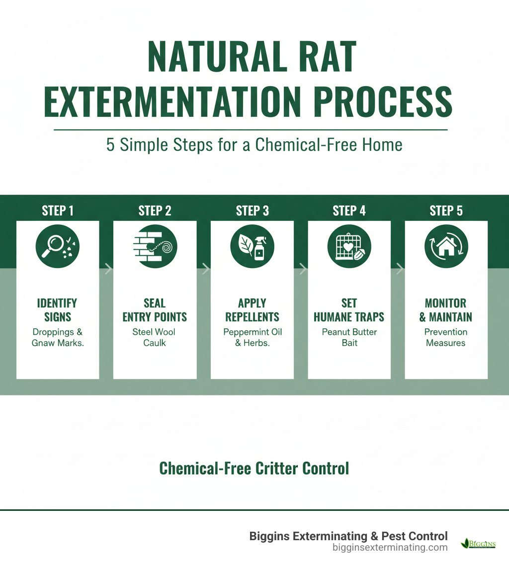 Comprehensive infographic showing the 5-step natural rat extermination process: Step 1 - Identify signs like droppings and gnaw marks, Step 2 - Seal entry points with steel wool, Step 3 - Apply natural repellents like peppermint oil, Step 4 - Set humane traps with peanut butter bait, Step 5 - Monitor and maintain prevention measures - natural rat extermination infographic 