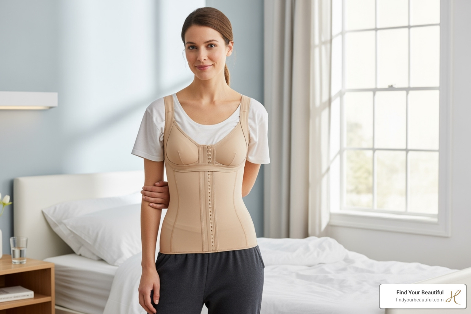 Patient wearing a post-surgical compression garment for support and healing - san antonio tummy liposuction
