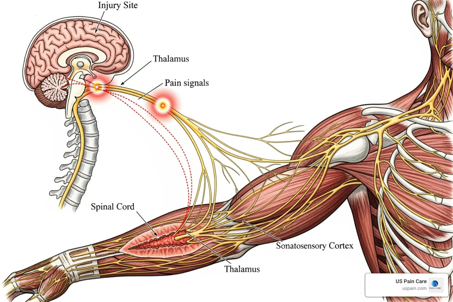 An illustration of a nerve pathway from an injury site to the brain - chronic pain definition