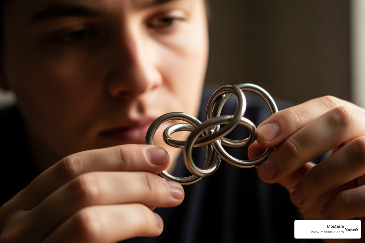 person looking thoughtfully at a metal puzzle in their hands - Unique metal puzzles