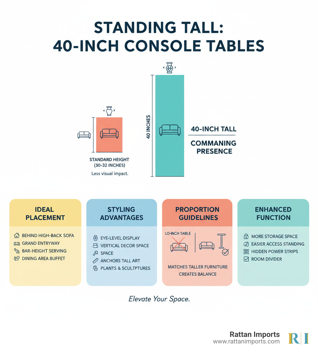 Detailed comparison infographic showing the benefits of 40-inch tall console tables versus standard height tables, including measurements, ideal room placements, styling advantages, and proportion guidelines for different furniture arrangements - 40 inch tall console table infographic Detailed comparison infographic showing the benefits of 40-inch tall console tables versus standard height tables, including measurements, ideal room placements, styling advantages, and proportion guidelines for different furniture arrangements - 40 inch tall console table infographic