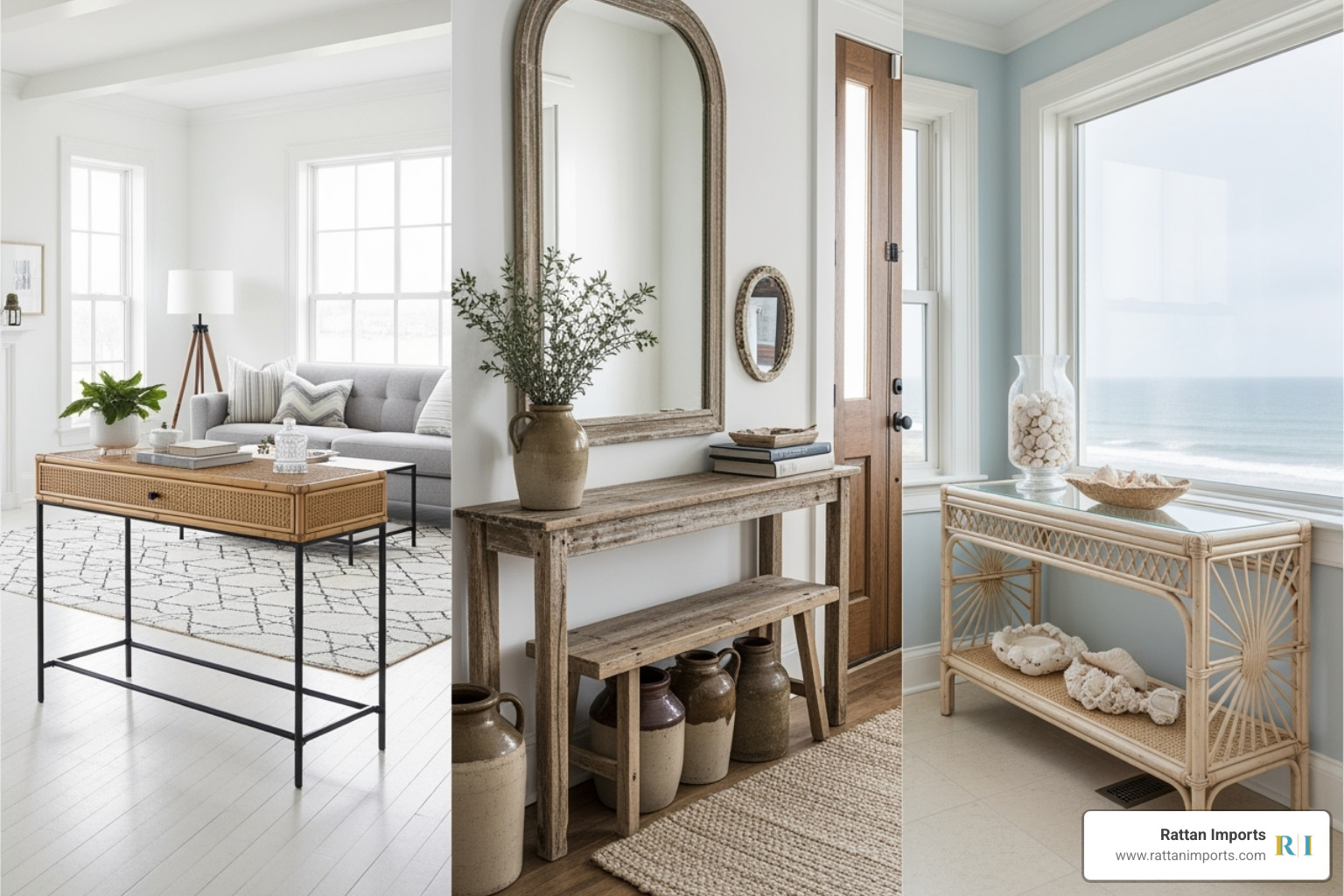 Collage showing different rattan console table styles (modern, rustic, coastal) - 40 inch tall console table Collage showing different rattan console table styles (modern, rustic, coastal) - 40 inch tall console table