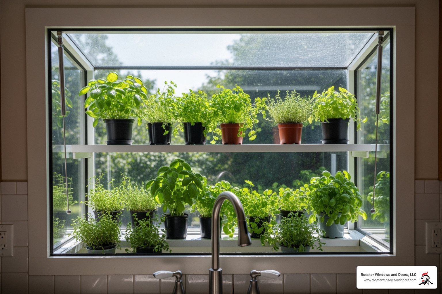 Fresh herbs and plants on garden window shelf - Garden Windows