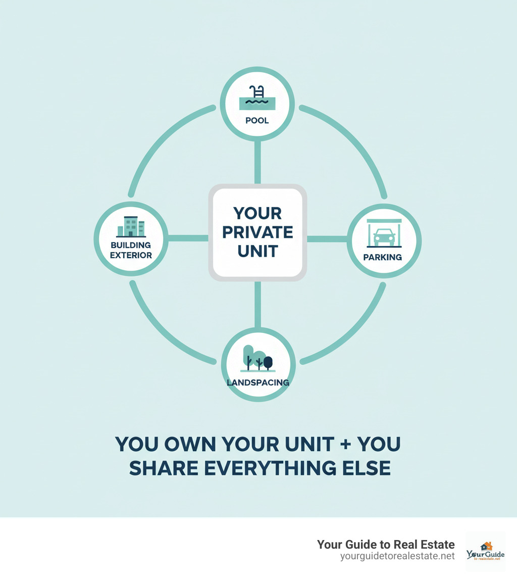 Infographic showing condo ownership structure: a central unit labeled "Your Private Unit" connected to shared elements including pool, parking garage, landscaping, and building exterior, with text "You Own Your Unit + You Share Everything Else" - condo definition infographic 