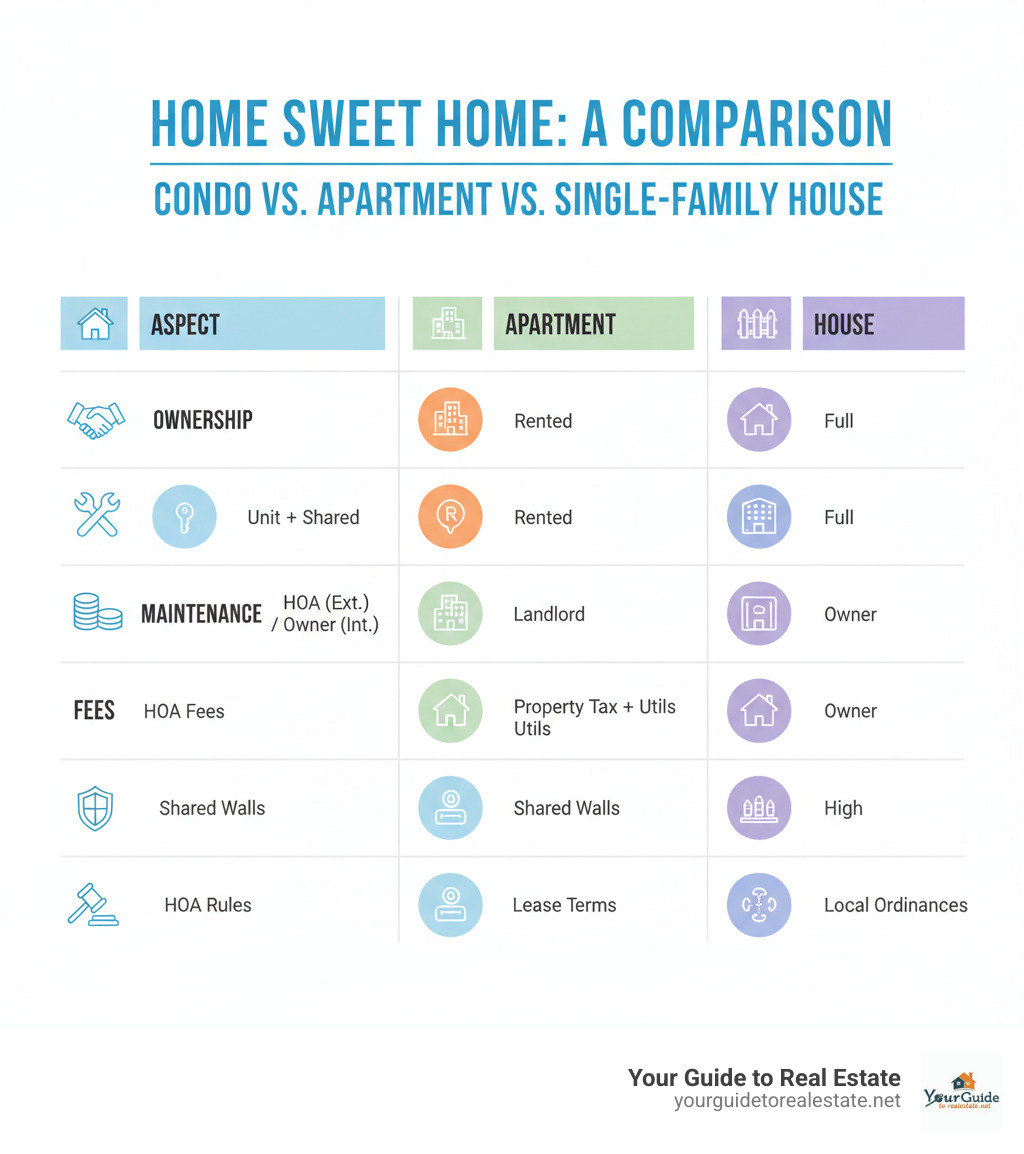 Table comparing Condo vs. Apartment vs. Single-Family House on key aspects: Ownership, Maintenance, Fees, Privacy, and Rules - condo definition infographic 
