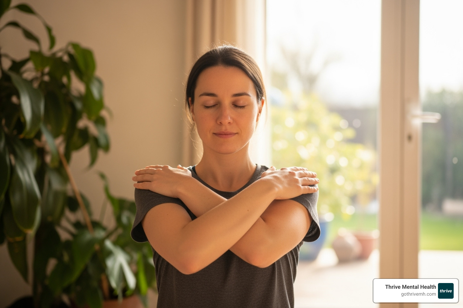 Person practicing butterfly hug, alt="Somatic experiencing for anxiety - butterfly hug technique" - somatic experiencing for anxiety