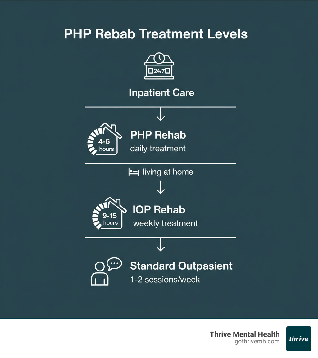Comprehensive infographic showing PHP rehab treatment levels - inpatient care at the top requiring 24/7 supervision, PHP rehab in the middle offering 4-6 hours daily treatment while living at home, IOP below that with 9-15 hours weekly, and standard outpatient therapy at the bottom with 1-2 sessions per week - php rehab infographic 