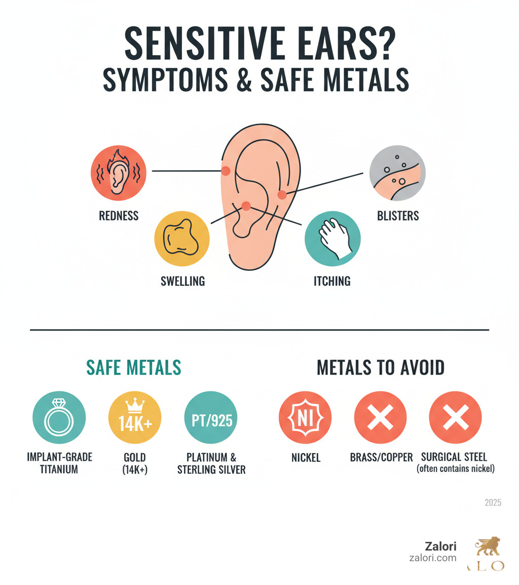 Comprehensive infographic showing common symptoms of earring allergies including redness, swelling, itching, and blisters around the earlobe, alongside safe vs unsafe metal types - earrings for sensitive ears infographic 