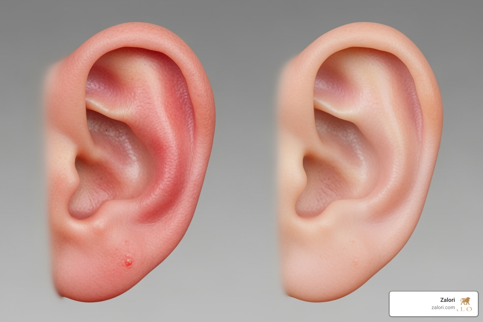 Red and irritated earlobe next to a healthy one - earrings for sensitive ears