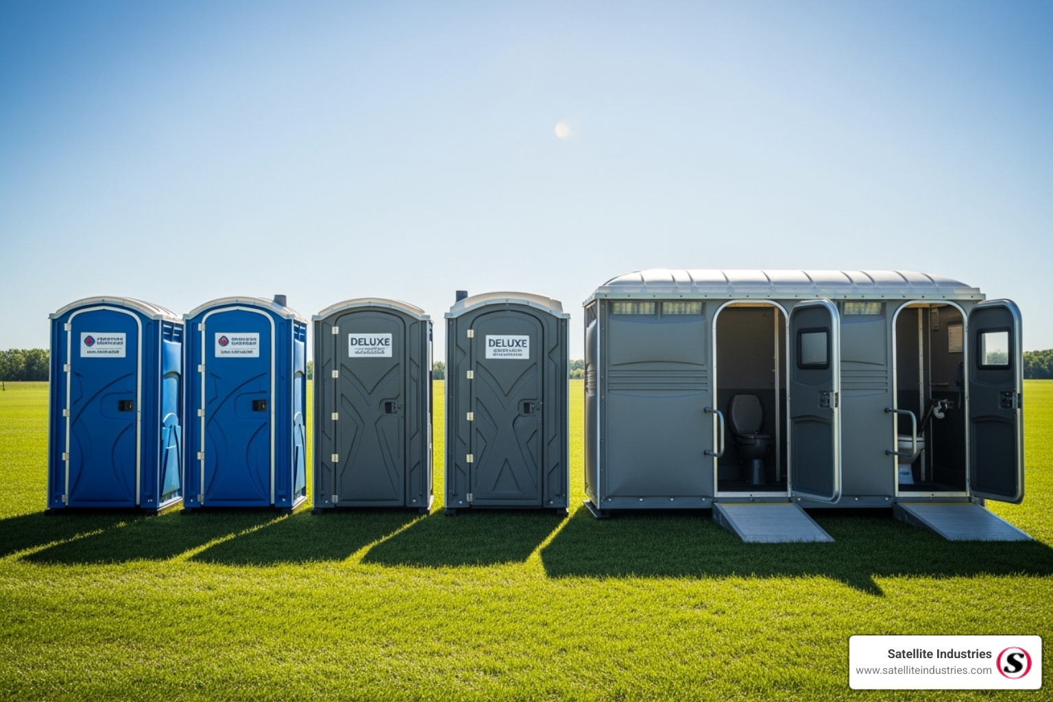 A row of various portable restroom models including standard, deluxe, and ADA units, set up in an open field, ready for use - buy porta potties