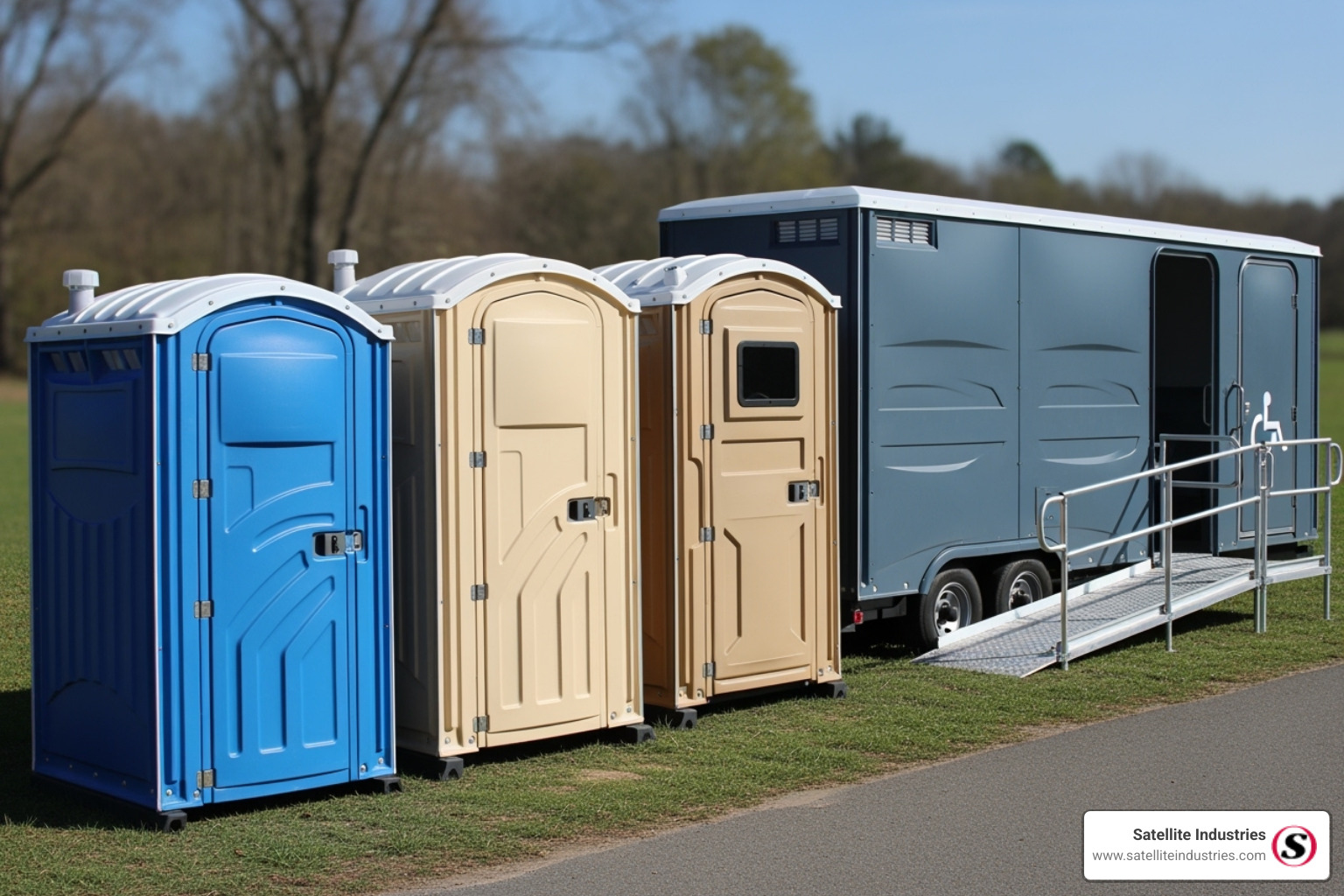 Variety of portable restroom models, including a standard blue unit, a more spacious deluxe unit, and a wide ADA-compliant restroom with ramp - buy porta potties