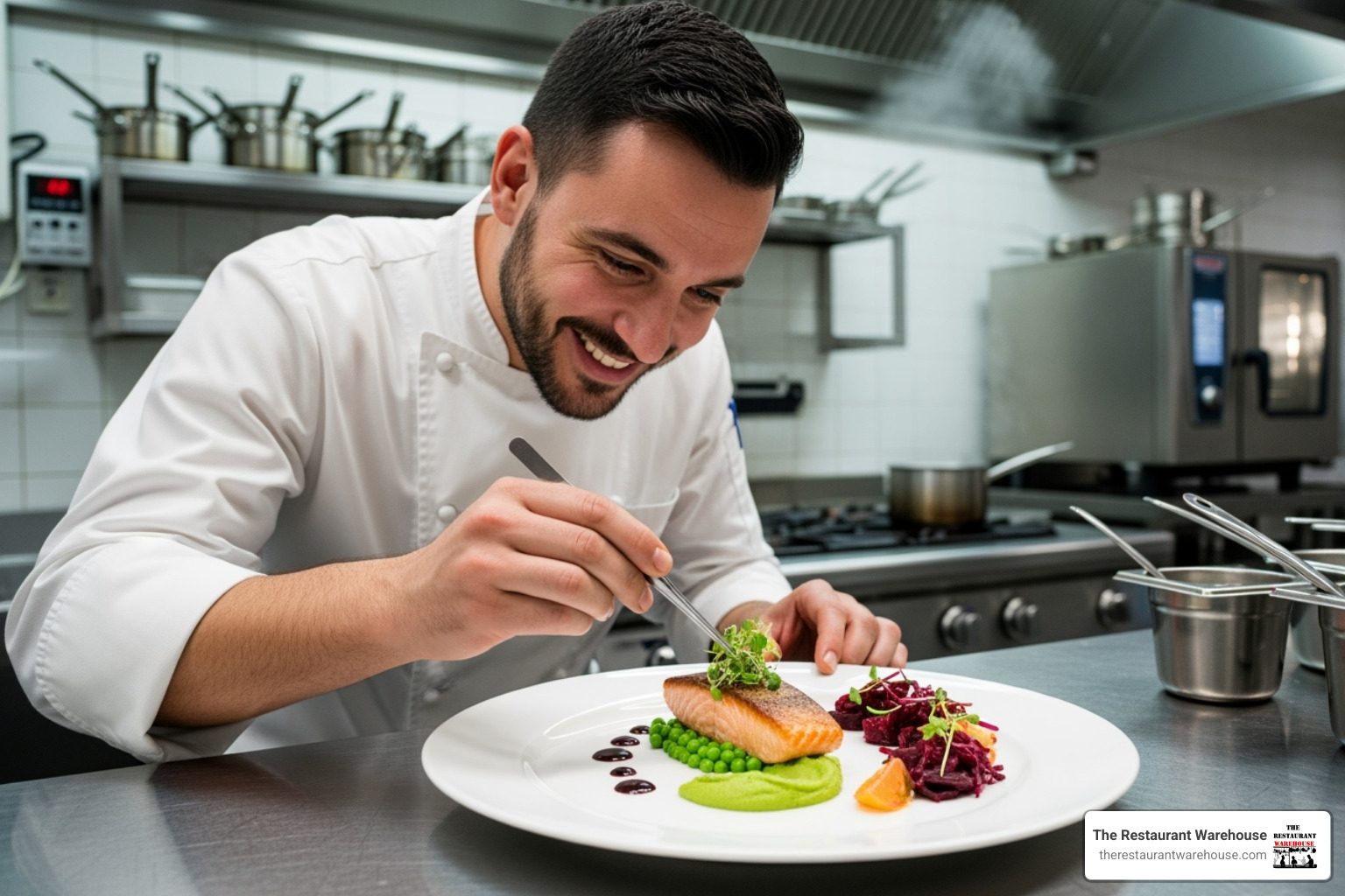 A smiling chef plating a dish in a clean and modern commercial kitchen. - restaurants supplies near me A smiling chef plating a dish in a clean and modern commercial kitchen. - restaurants supplies near me