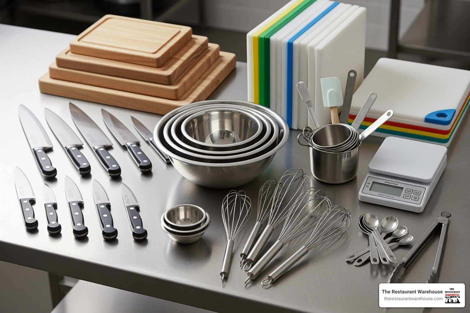 Essential restaurant smallwares neatly arranged on a stainless steel table, including various knives, cutting boards, mixing bowls, and whisks. - restaurants supplies near me Essential restaurant smallwares neatly arranged on a stainless steel table, including various knives, cutting boards, mixing bowls, and whisks. - restaurants supplies near me