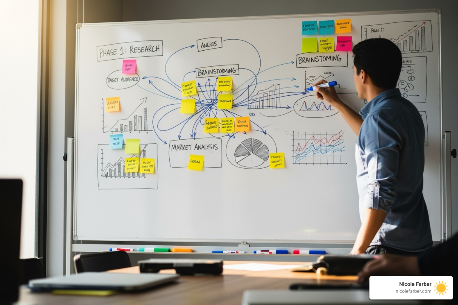 A person writing on a whiteboard, mapping out a plan with sticky notes and markers - goal achievement coach