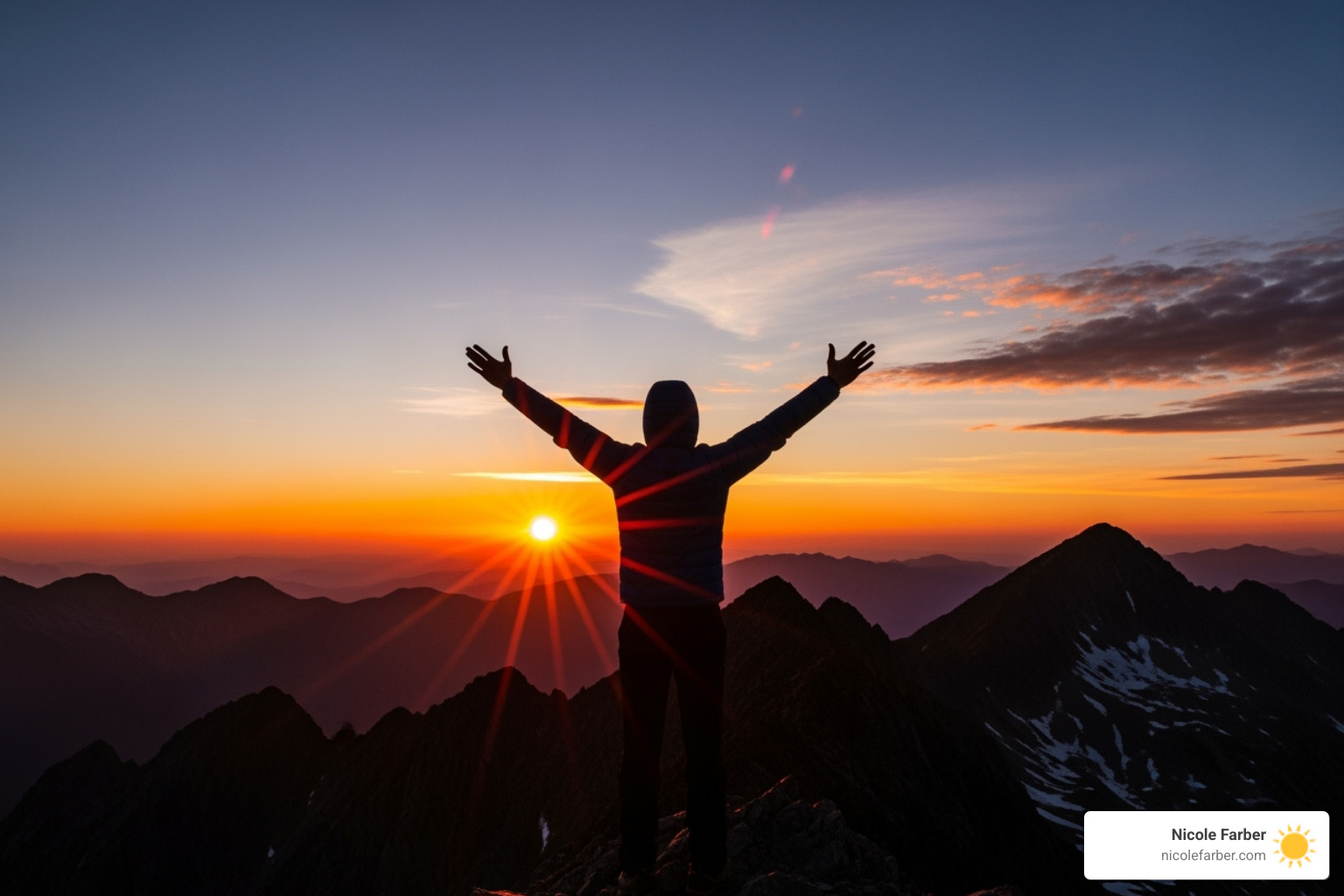 A person with arms raised in triumph, silhouetted against a setting sun, symbolizing personal or professional victory - goal achievement coach